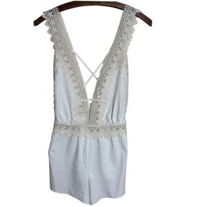Flora Nikrooz White Lace Trim Plunge Sleep Romper Teddy Bridal Lingerie M
